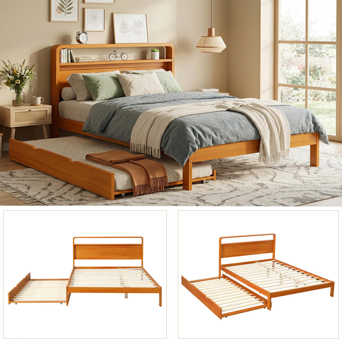 BETT 140/200 cm in Natur mit Ausziehbett, Gästebett und abgerundetem Kopfteil aus Holz - Naturfarben, Holzwerkstoff (140/200cm) - STILVORA