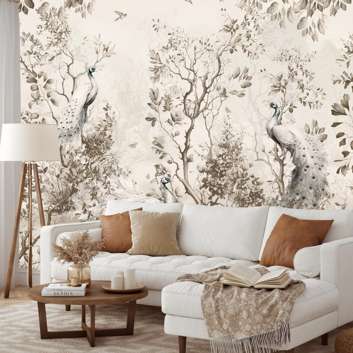 FOTOTAPETE für Wohnzimmer Pfauen Zwischen Bäumen Büsche Blätter 100x70 - Beige, Papier (100/70cm) - Muralo