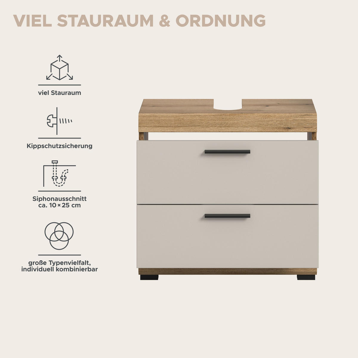 WASCHBECKENUNTERSCHRANK SCOUT (B/H/T: ca. 60/56/34 cm) in Evoak Oak Nachbildung/- - Eichefarben, Holz (60/56/34cm)