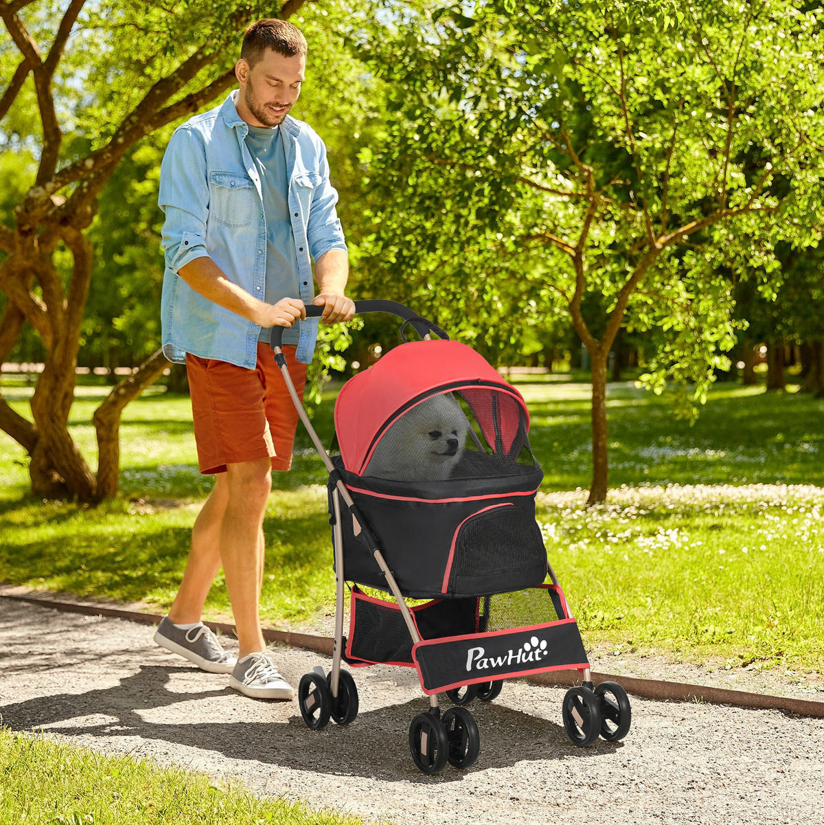 HUNDEWAGEN 2-in-1 faltbar in Rot mit Tragetasche und Bremsen - Rot, Textil (49.5/98/82cm) - BEAOK