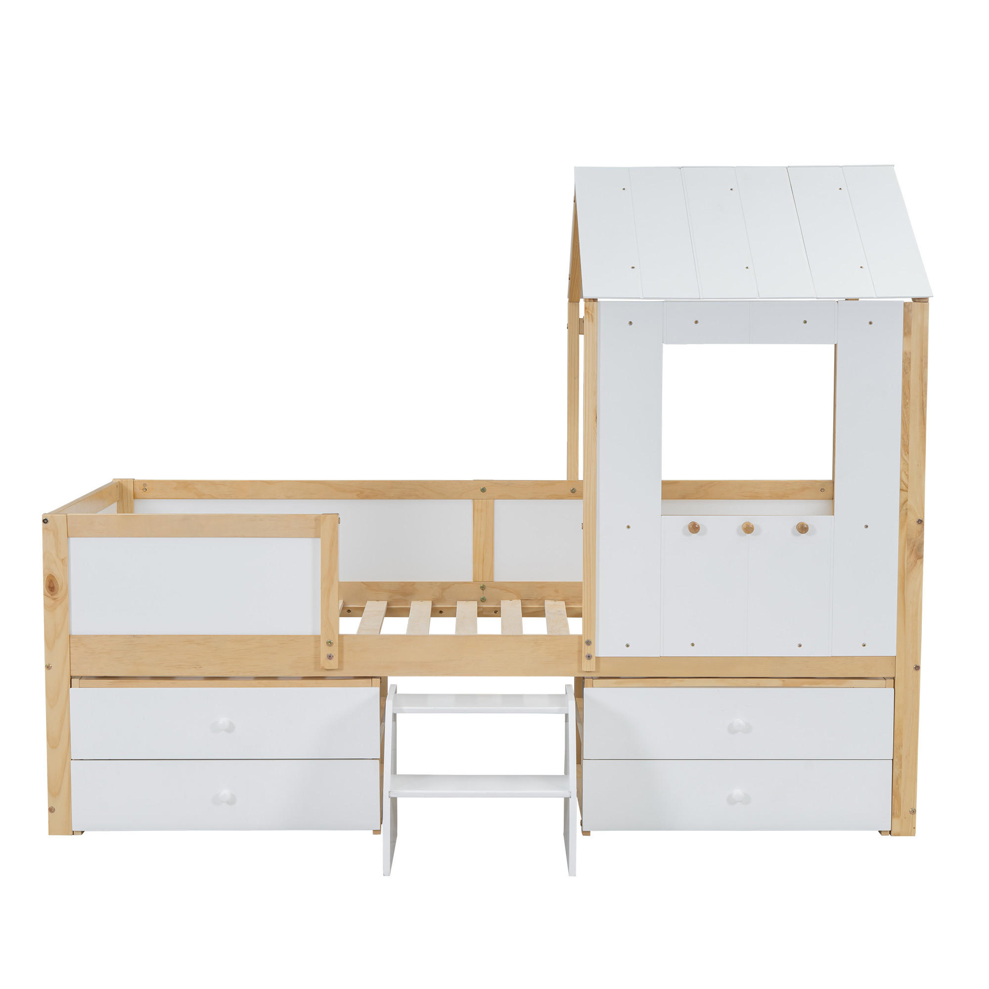 KINDER-HOCHBETT 90x200 cm, mit Schubladen, Regalen & Sicherheitsgeländer, Massivholz, Natur - Weiß, Holz (90/200cm)