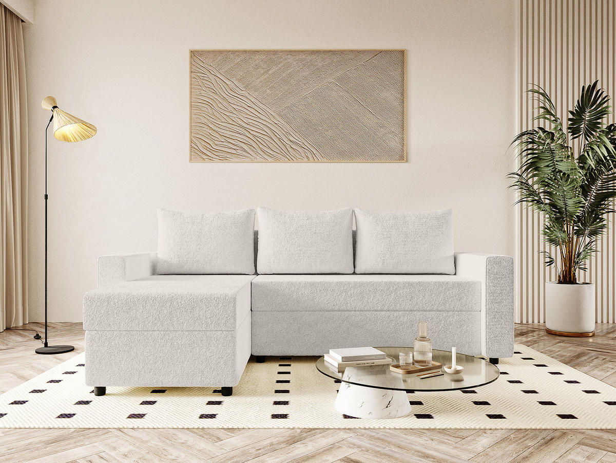 ECKSOFA Goka Lux L mit Schlaffunktion und 2 Bettkästen, Weiß - Weiß, Textil (230/146cm) - Fedve