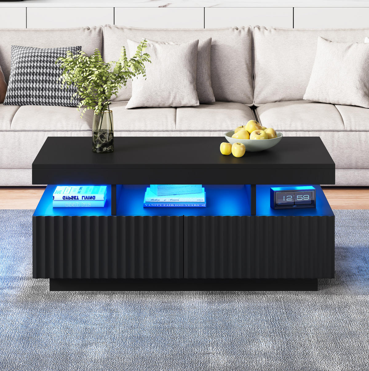 COUCHTISCH aus Spanplatte 100x50x45 cm Schwarz mit 2 Schubladen, offener Ablage und LED-Beleuchtung - Schwarz, Holzwerkstoff (100/50/45cm) - Modfu