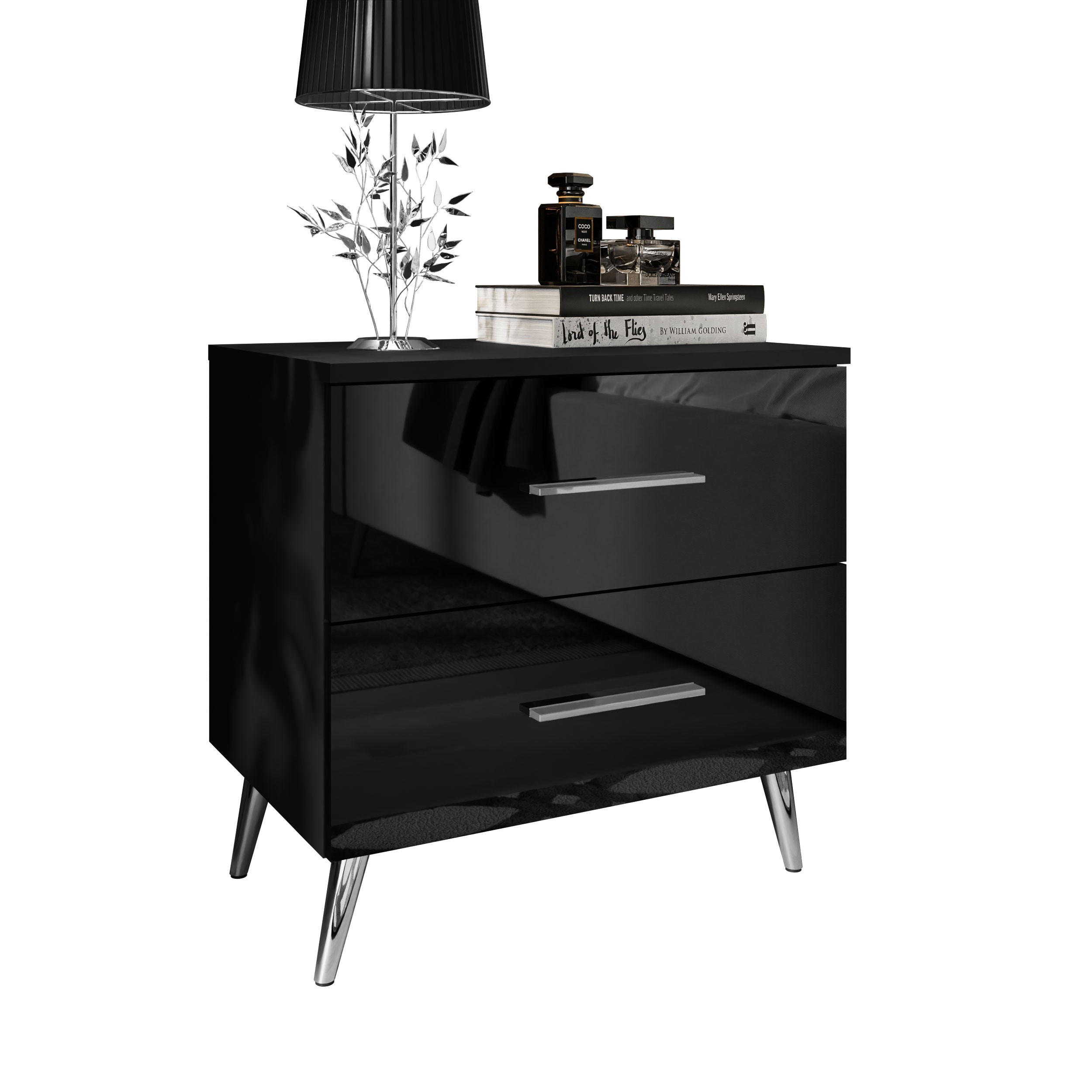 NACHTTISCH AURA mit Griffen, Chrombeinen - Schwarz, Holzwerkstoff (55/55/37cm) - Lookway