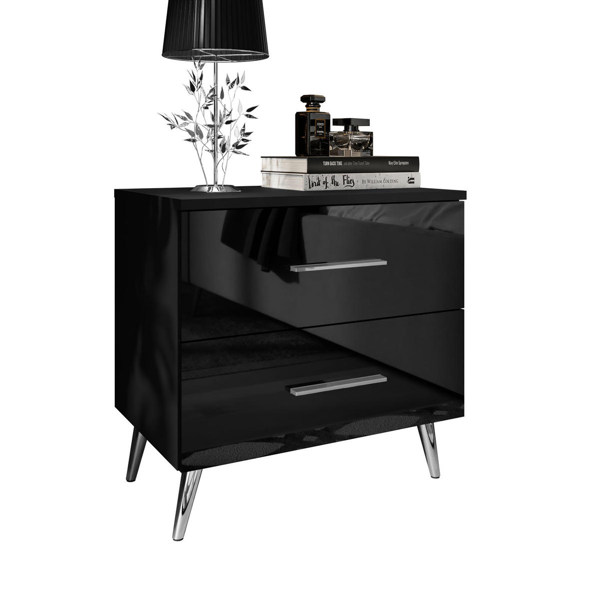 NACHTTISCH AURA mit Griffen, Chrombeinen - Schwarz, Holzwerkstoff (55/55/37cm) - Lookway