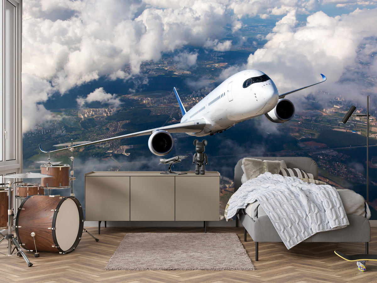 FOTOTAPETE für Jugendzimmer Flugzeug Start Wolken Himmel 200x140 - Blau/Beige, Papier (200/140cm) - Muralo