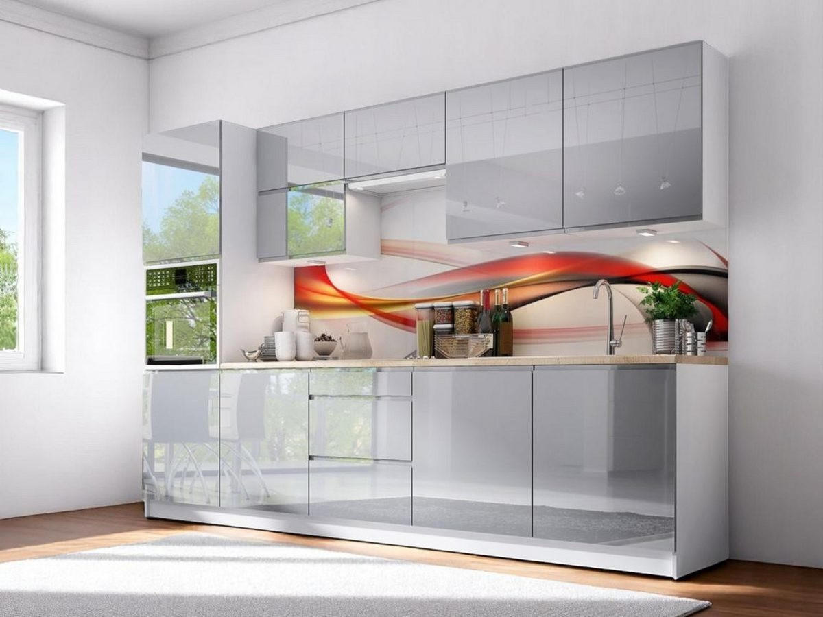 KÜCHENZEILE 300 cm - Aspen K56-M300 - in Grau/Hochglanz - Grau, Holz (300/212/60cm)