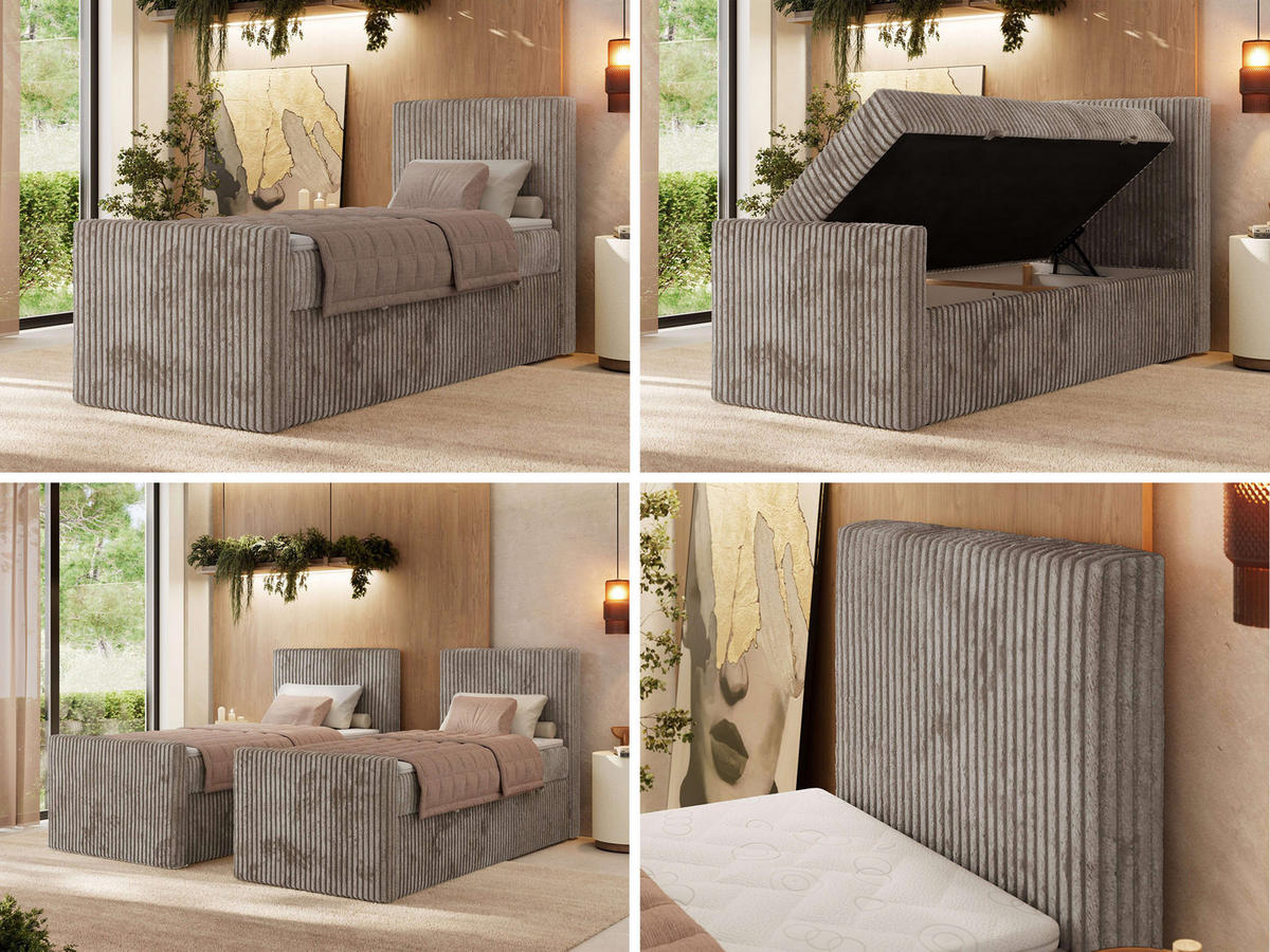 BOXBETT TILIANO DUO 90/200 - Hellbraun Cord - H4 - Topper Visco - Rechts Seite - Hellbraun, Textil (90/200cm) - MKS