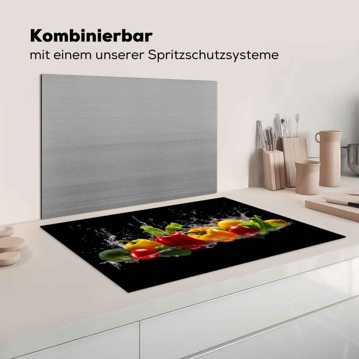 HERDABDECKPLATTE Paprika - Wasser - Gemüse - Schwarz Abdeckung Ceranfeld 81.2x52 cm - Multicolor, Kunststoff (81.2/52/0.2cm) - MuchoWow
