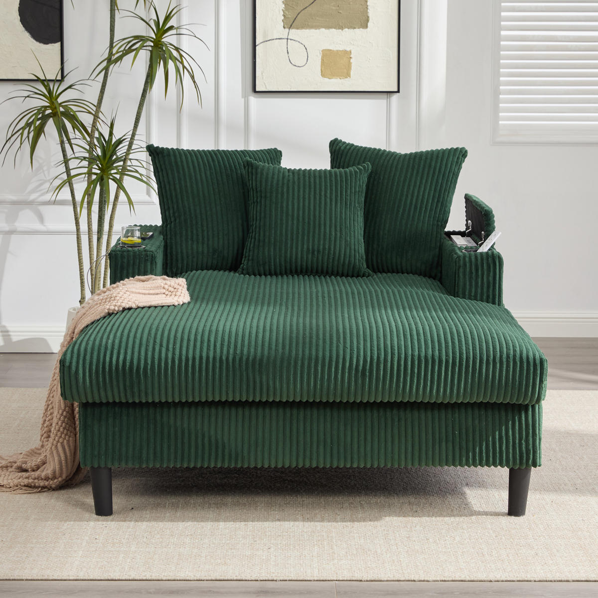 CHAISELONGUE 170/129/70 cm aus Cord mit LED-Beleuchtung, USB-Anschluss, Stauraum und 2 Becherhaltern, Smaragdgrün - Smaragdgrün, Textil (170/70/129cm) - Redom