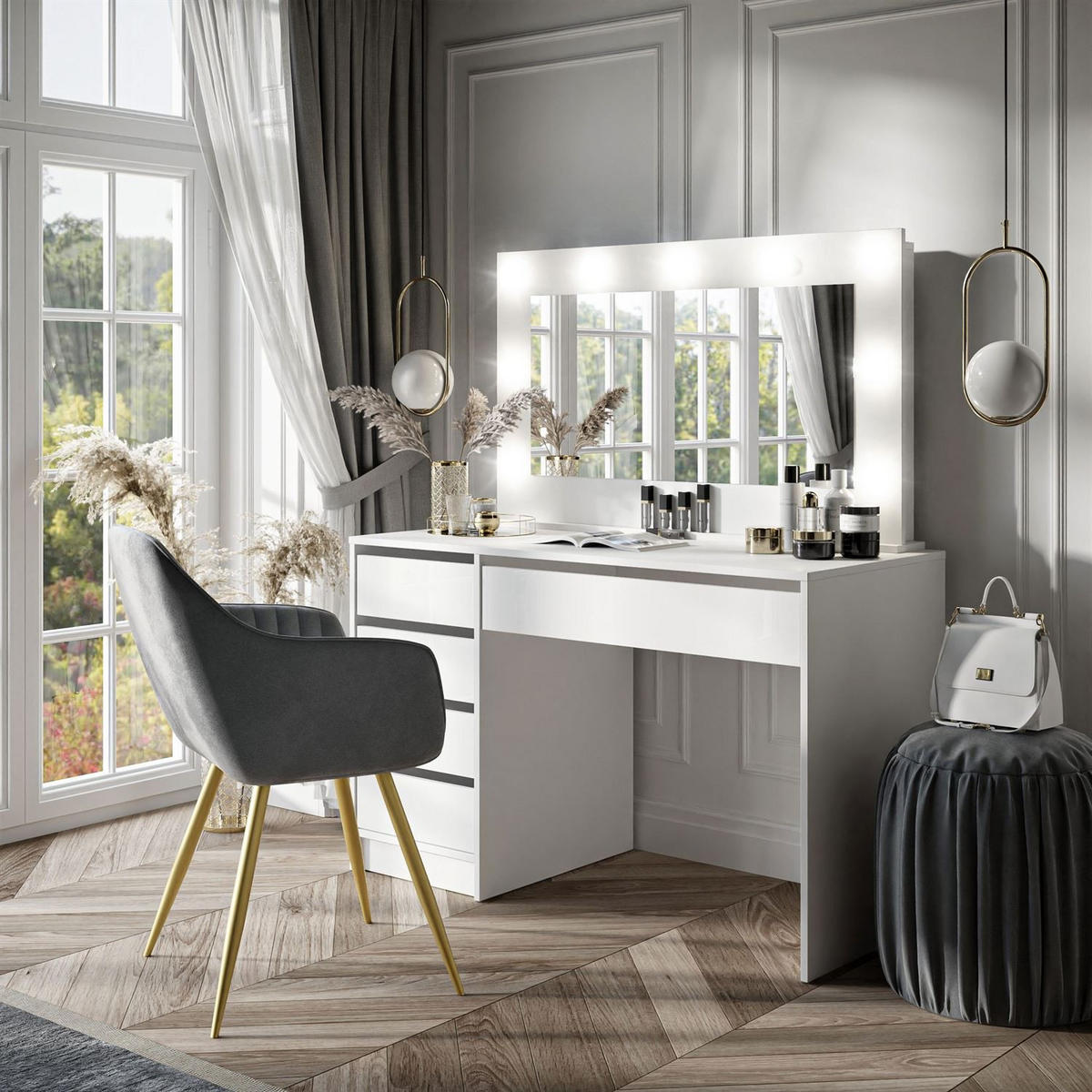SCHMINKTISCH MADA mit Spiegel Weiß / Weiß - Weiß, Holzwerkstoff (120/142/55cm) - Lookway