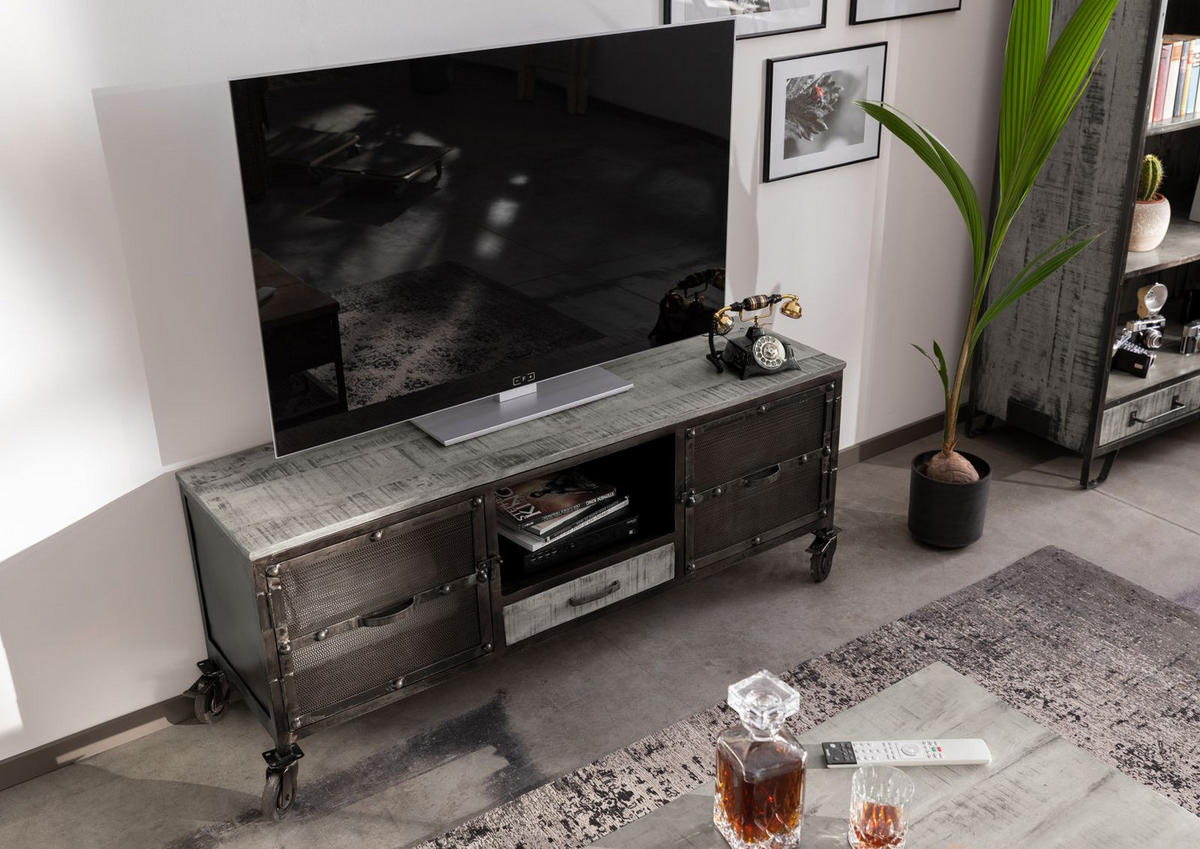 TV-BOARD Mango 150x40x60 grau lackiert HEAVY INDUSTRY #119 - Grau, Holz (150/60/40cm) - Massivmoebel24