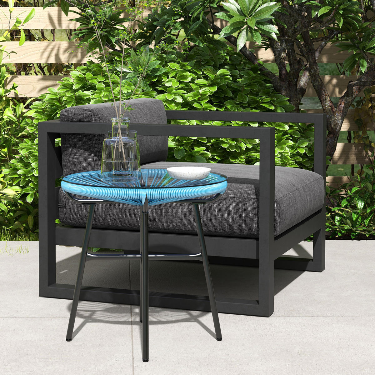 GARTENBEISTELLTISCH DE-13583 rund mit Glasplatte, PE-Rattan Natur - Blau, Metall (50/50/50cm) - ComfortXL