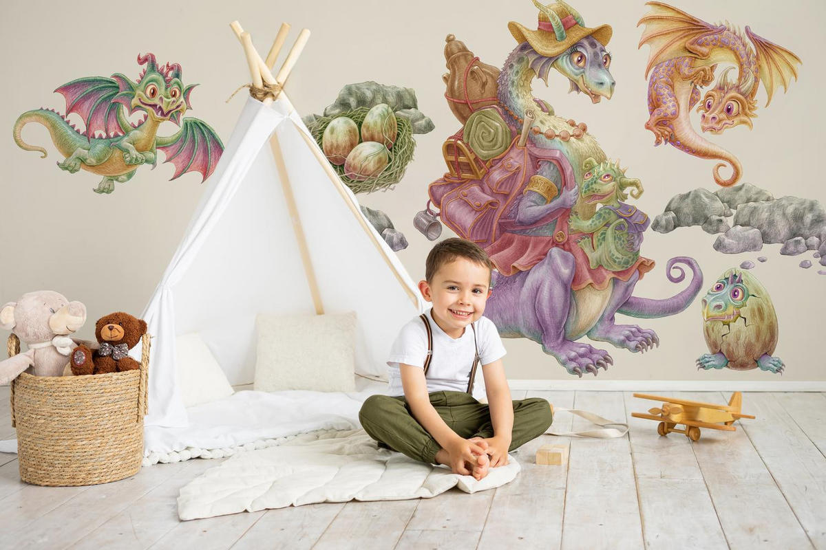 WANDAUFKLEBER 60x73cm - Drachenfamilie - Multicolor, Kunststoff (60/73/0.1cm) - Wallfluent