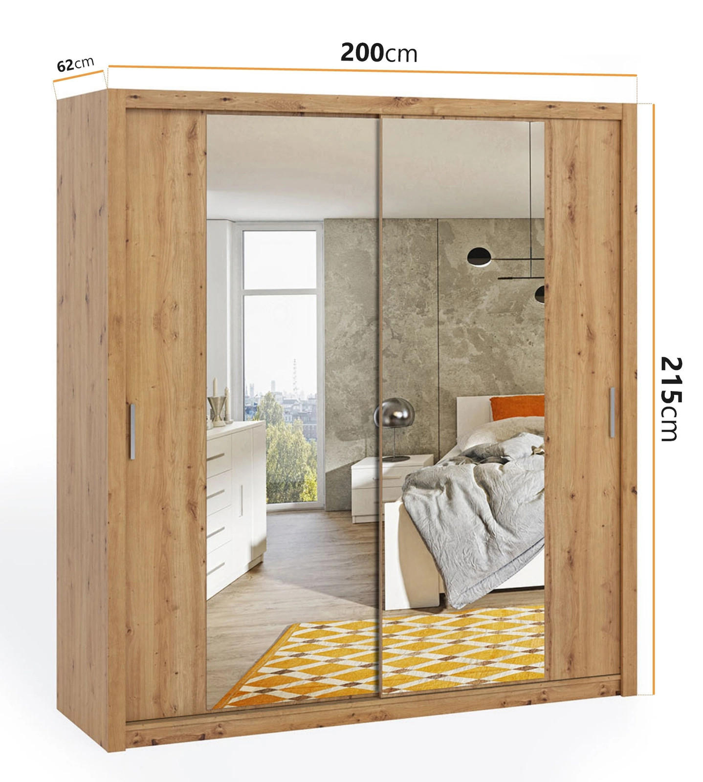 SCHIEBETÜRENSCHRANK Tamiza 200/215/62 mit Spiegel - Silberfarben/Eiche Artisan, Holzwerkstoff/Kunststoff (200/215/62cm) - Ravio