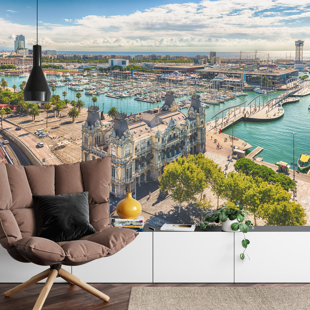 FOTOTAPETE für Wohnzimmer Barcelona Hafen Boote Denkmäler 350x256 - Türkis/Beige, Papier (350/256cm) - Muralo