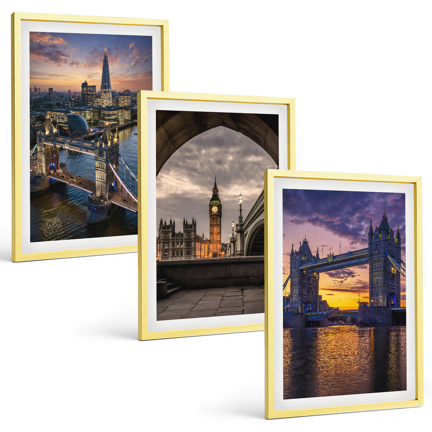 BILDER SET 3er Set - 40x60 cm Goldrahmen - Stadtbrücken, Uhrtürme - Goldfarben, Kunststoff (40/60cm) - TULUP