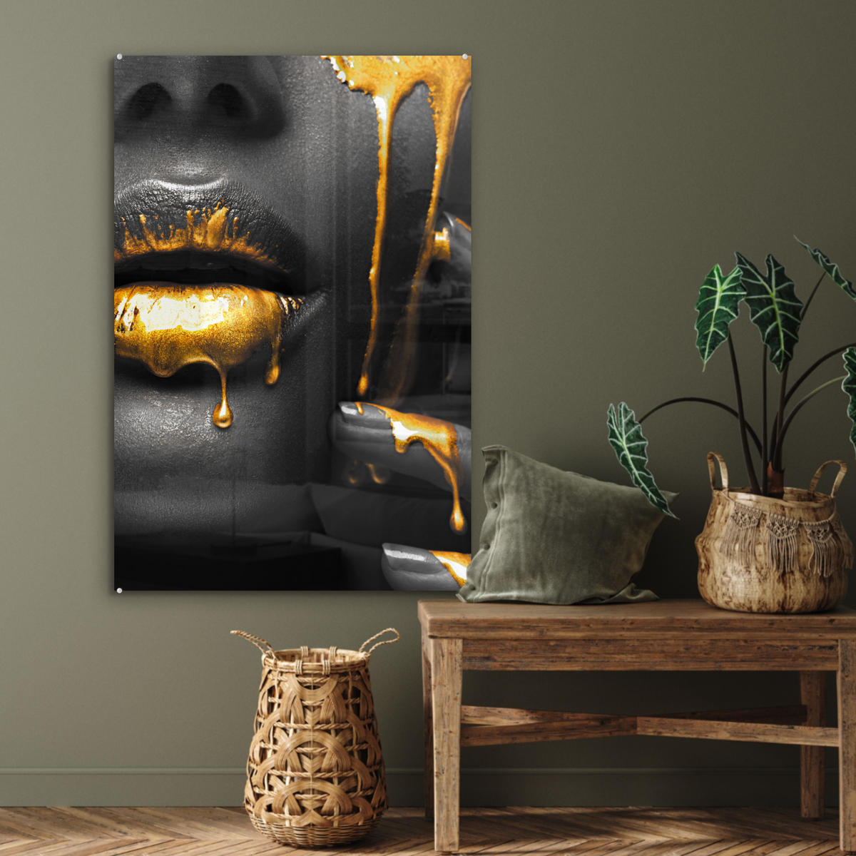 ACRYLGLASBILD Frau - Schwarz - Gold - Gesicht - Lippen 60x90 cm - Goldfarben, Glas (60/90cm) - MuchoWow