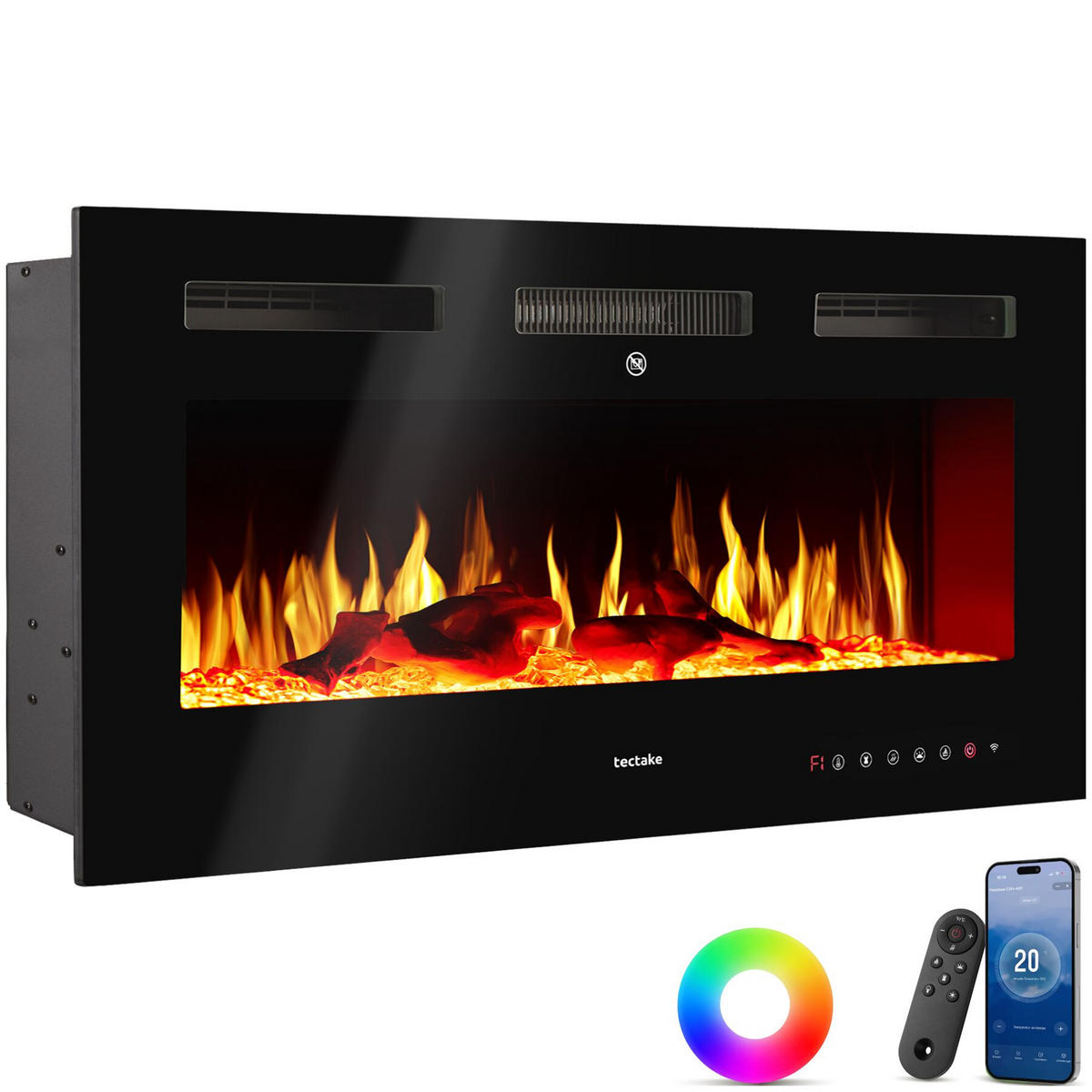 ELEKTRO-WANDKAMIN Luci, mit Fernbedienung und App-Steuerung, integriertes Thermostat, schwarz - Schwarz, Metall (106.5/43/12cm) - tectake
