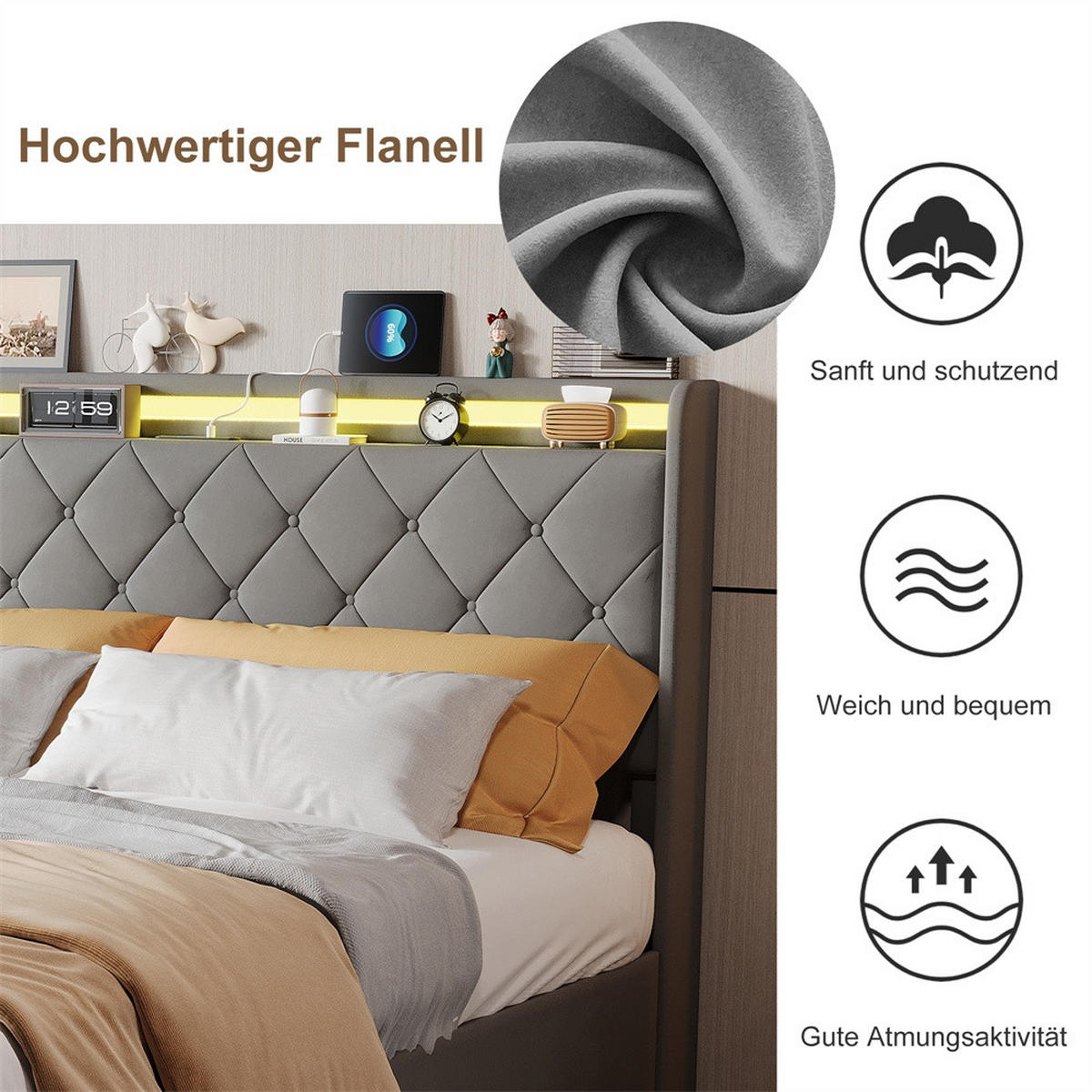 POLSTERBETT 140x200 cm mit 4 Schubladen & LED-Beleuchtung - USB-Anschlüsse - ohne Matratze - Grau - Grau, Textil (140/200cm) - DELFA