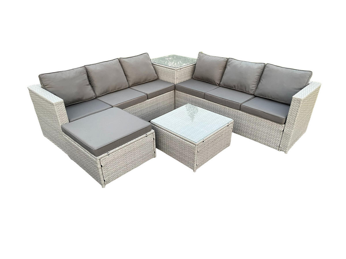 GARTENMÖBEL SET mit Couchtisch Polyrattan Helles Grau 7-Sitzer - Hellgrau, Metall - Fimous