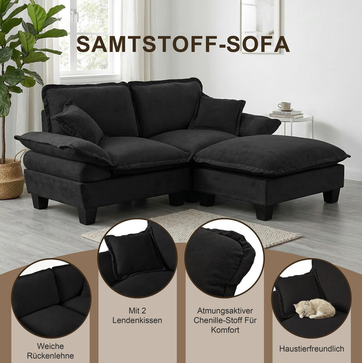 ECKSOFA 263/151/90 cm schwarz aus Chenille mit Ottomane - Schwarz, Textil (151/263cm) - OKWISH