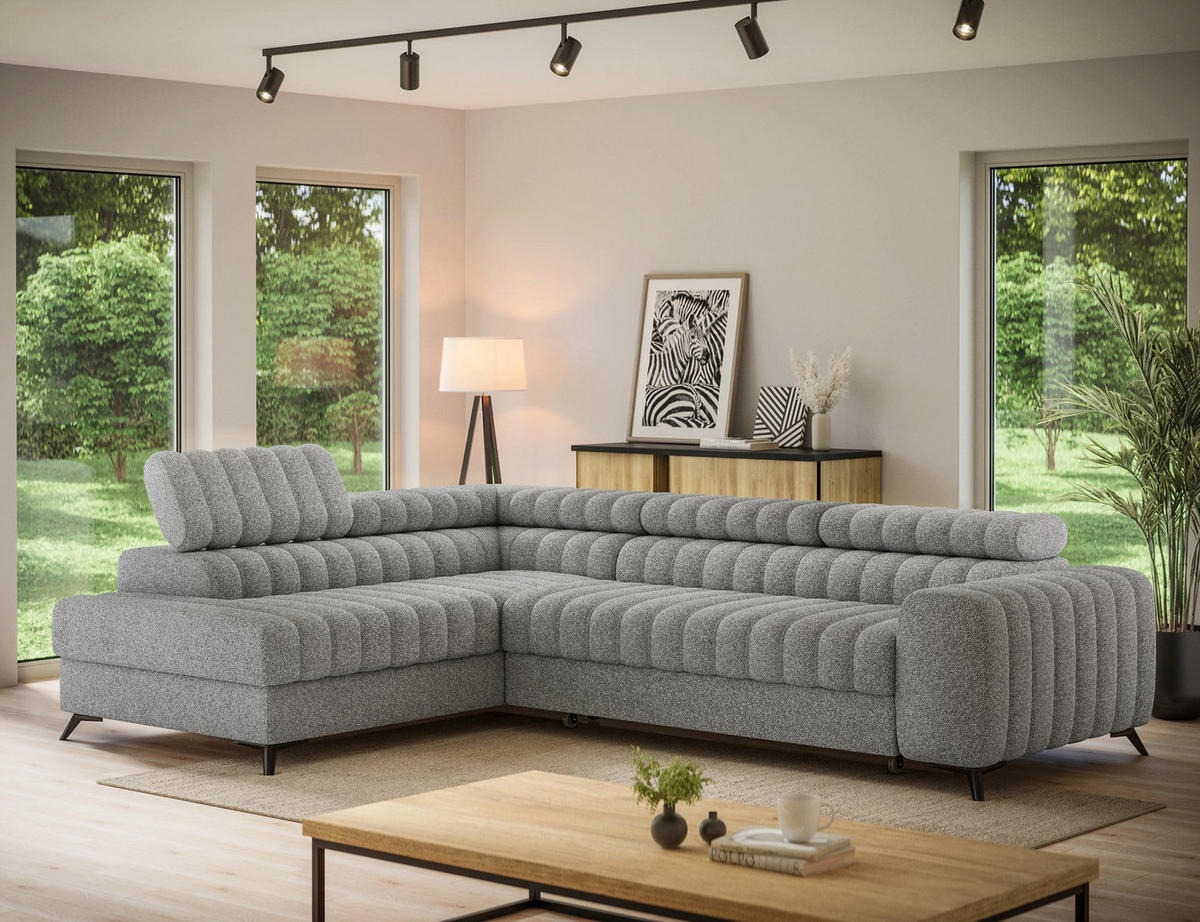 KANEDO Ecksofa mit Schlaffunktion und Bettkasten – Modernes Designsofa, verstellbare Kopfstützen, Metallfüße - Grau, Kunststoff (269/86cm) - Wohnideebilder
