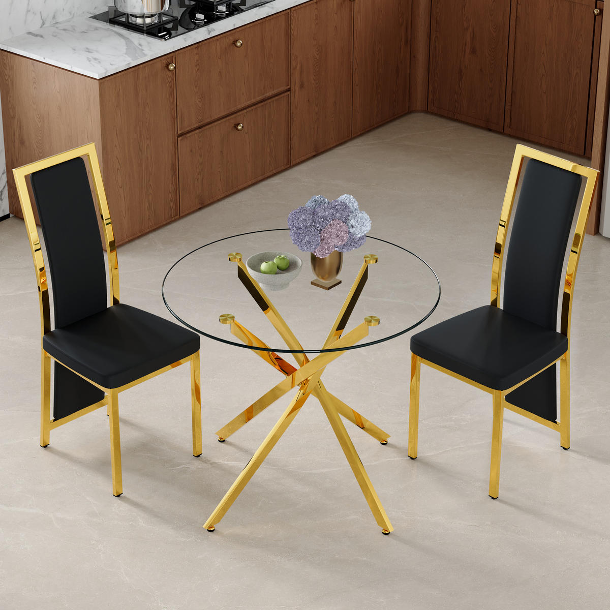 ESSGRUPPE DE-39460 3-teilig, Glastisch und 2 Stühlen mit Goldkante Schwarz - Schwarz, Metall (88/75/88cm) - ComfortXL