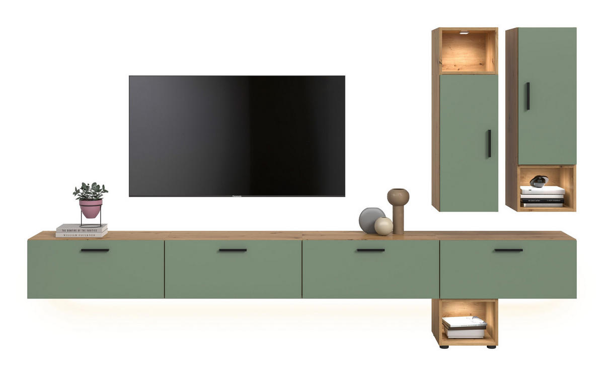 WOHNWAND inkl Beleuchtung Primo 6 tlg. (B/H/T: ca. 300/178/34 cm) in Artisan Oak /Smoke Green - Eiche Artisan, Holzwerkstoff (300/178/34cm)