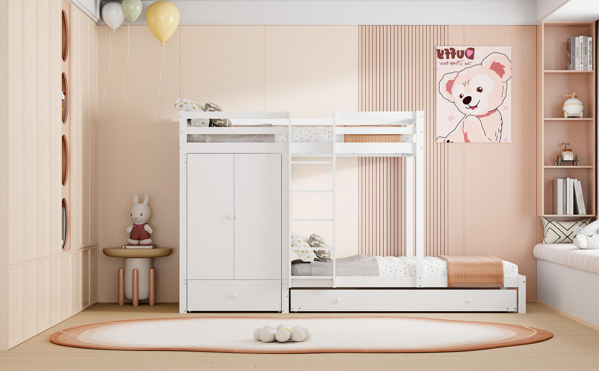ETAGENBETT 90/200 cm in Weiß mit Ausziehbett, Kleiderschrank, Schubladen und Ablage - Weiß, Holz (90/200cm) - STILVORA
