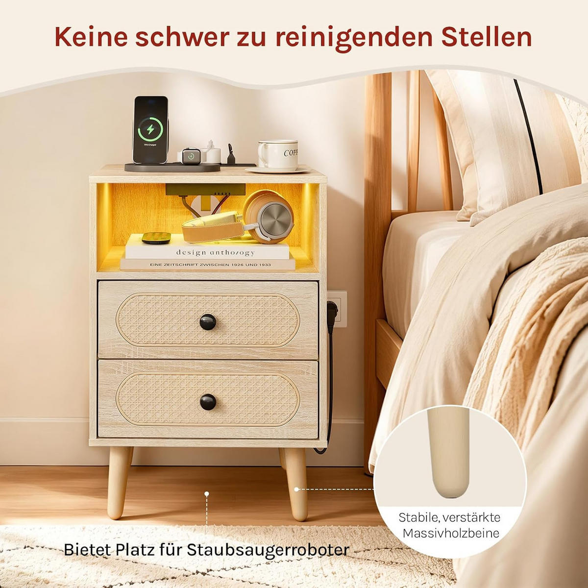NACHTSCHRANK 35/40/60 cm, Ladefunktion & LED, Eiche - Eichefarben, Holzwerkstoff (45/60/35cm) - Woltu