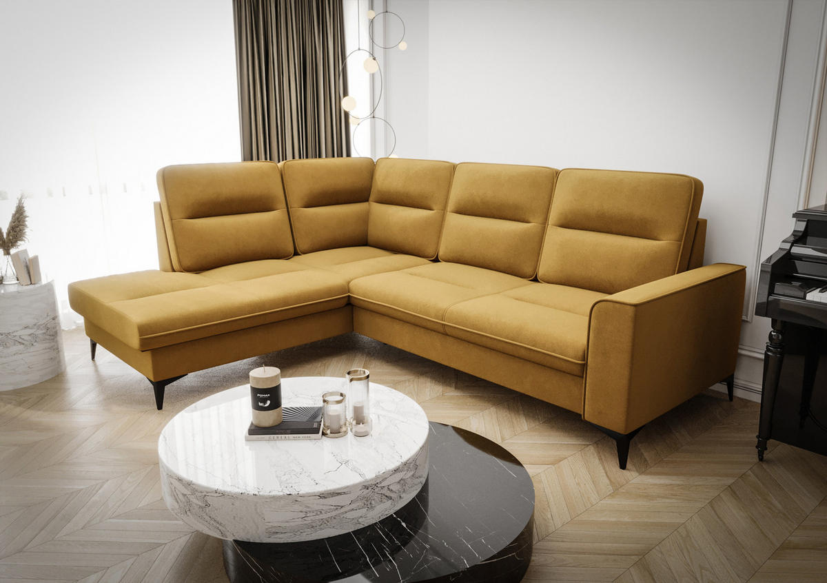 ECKSOFA KONGO RBN14, Eckcouch in L-Form mit Schlaffunktion, Farbe: Gelb, Velourstoff, Ottomane Links - Gelb, Textil (260/200cm) - O-Sofa