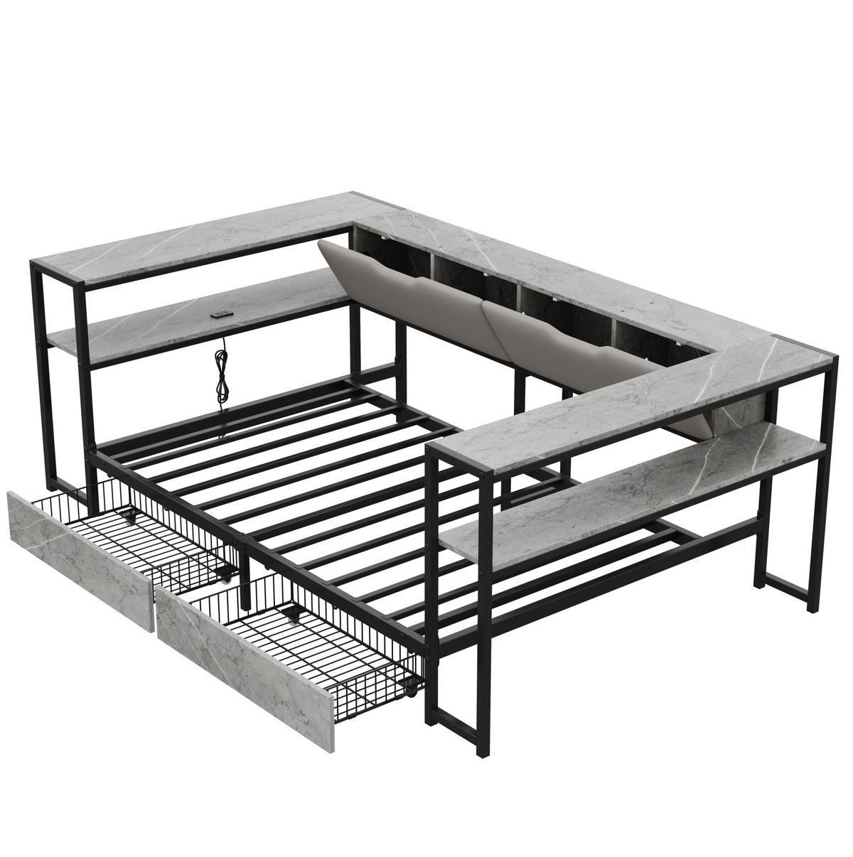 POLSTERBETT 90/200 cm grau aus MDF und Metall mit USB-C und 2 Schubladen - Grau, Holzwerkstoff (90/200cm) - OKWISH