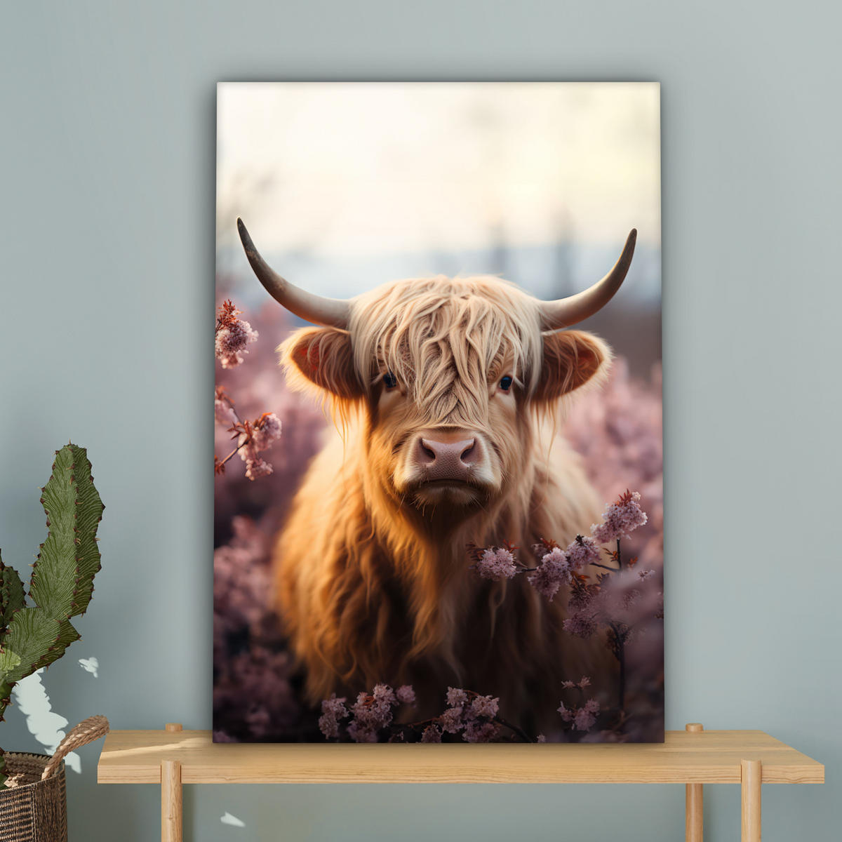 LEINWANDBILD - Schottischer Hochländer - Frühling - Hochland - 60x90 - Kunstdruck - Hellrosa, Textil (60/90cm) - MuchoWow