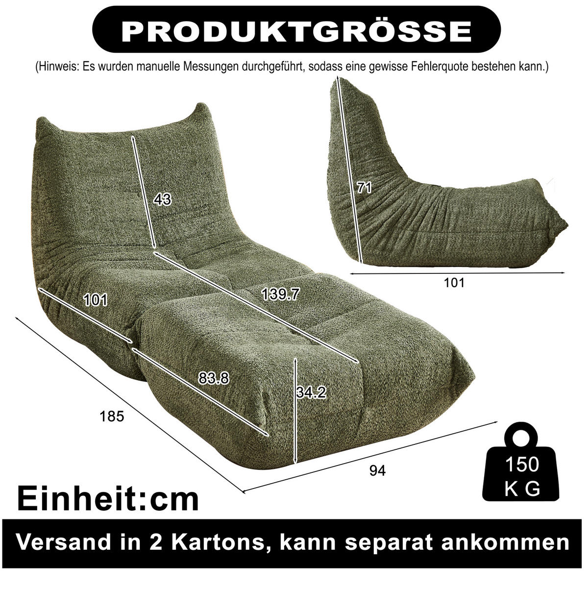 SCHLAFSESSEL mit Fußstütze Chenille Grün - Grün, Kunststoff (94/71/185cm) - Beauniv