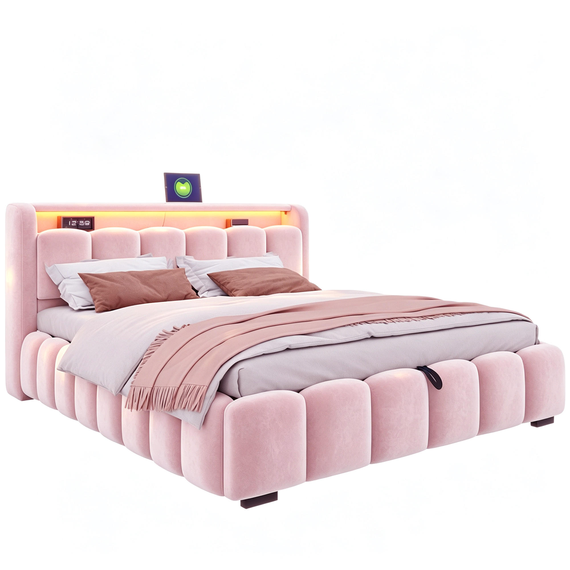 BOXBETT 180/200 mit LED/USB-C, Samt, Rosa - Rosa, Holz (180/200cm) - LVHOM