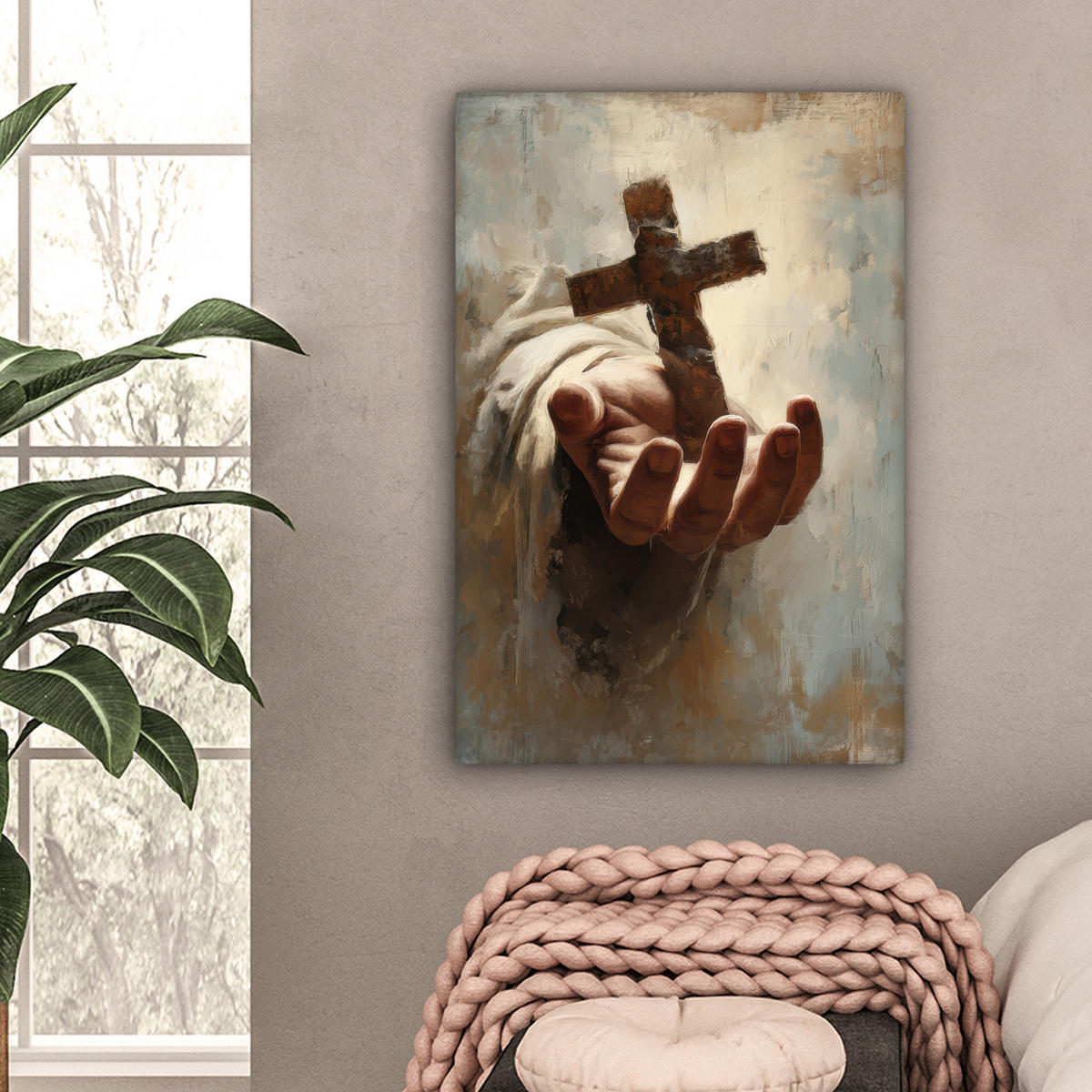 LEINWANDBILD Abstrakt - Kreuz - Hand - Christentum Wanddeko Schlafzimmer 60x90 cm - Hellbraun, Textil (60/90cm) - MuchoWow