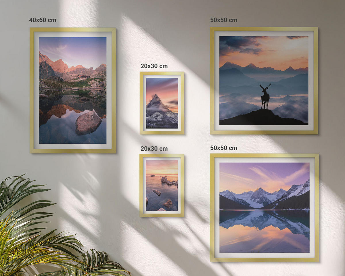 BILDER SET 5er Set - 50x50 cm & 20x30 cm & 40x60 cm Goldrahmen - Landschaften Berge Seen jelen - Goldfarben, Kunststoff (40/60cm) - TULUP