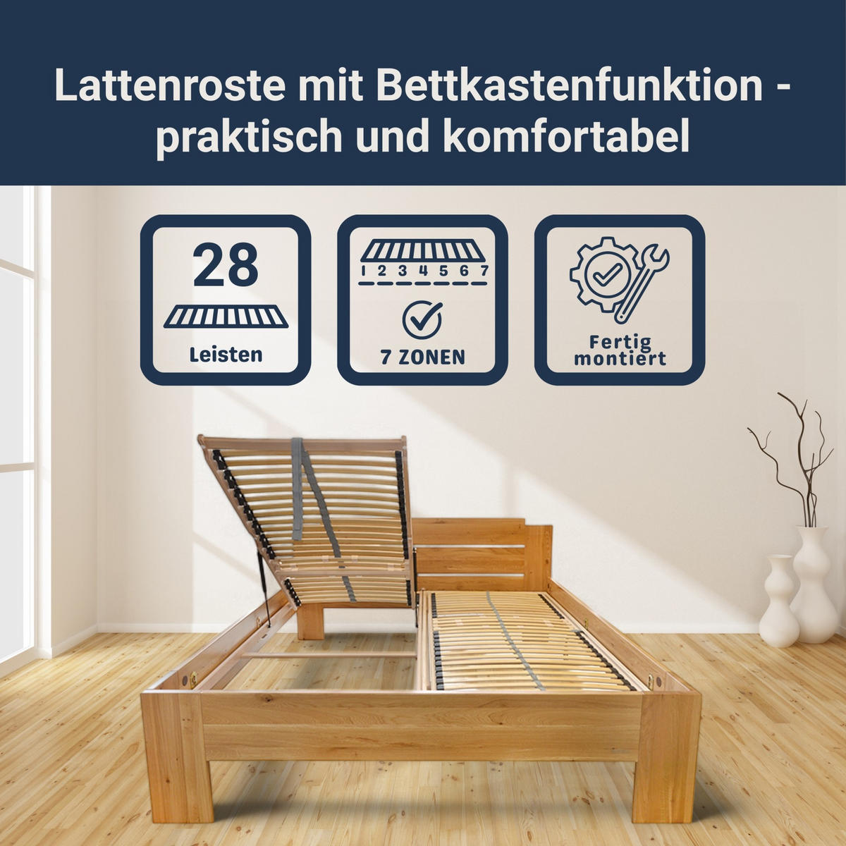LATTENROST Madera Lattenrost für Bettkastenfunktion – 7-Zonen, 28 Federleisten, Birkenschichtholz - Weiß, Holz (90/220cm) - Betten-ABC