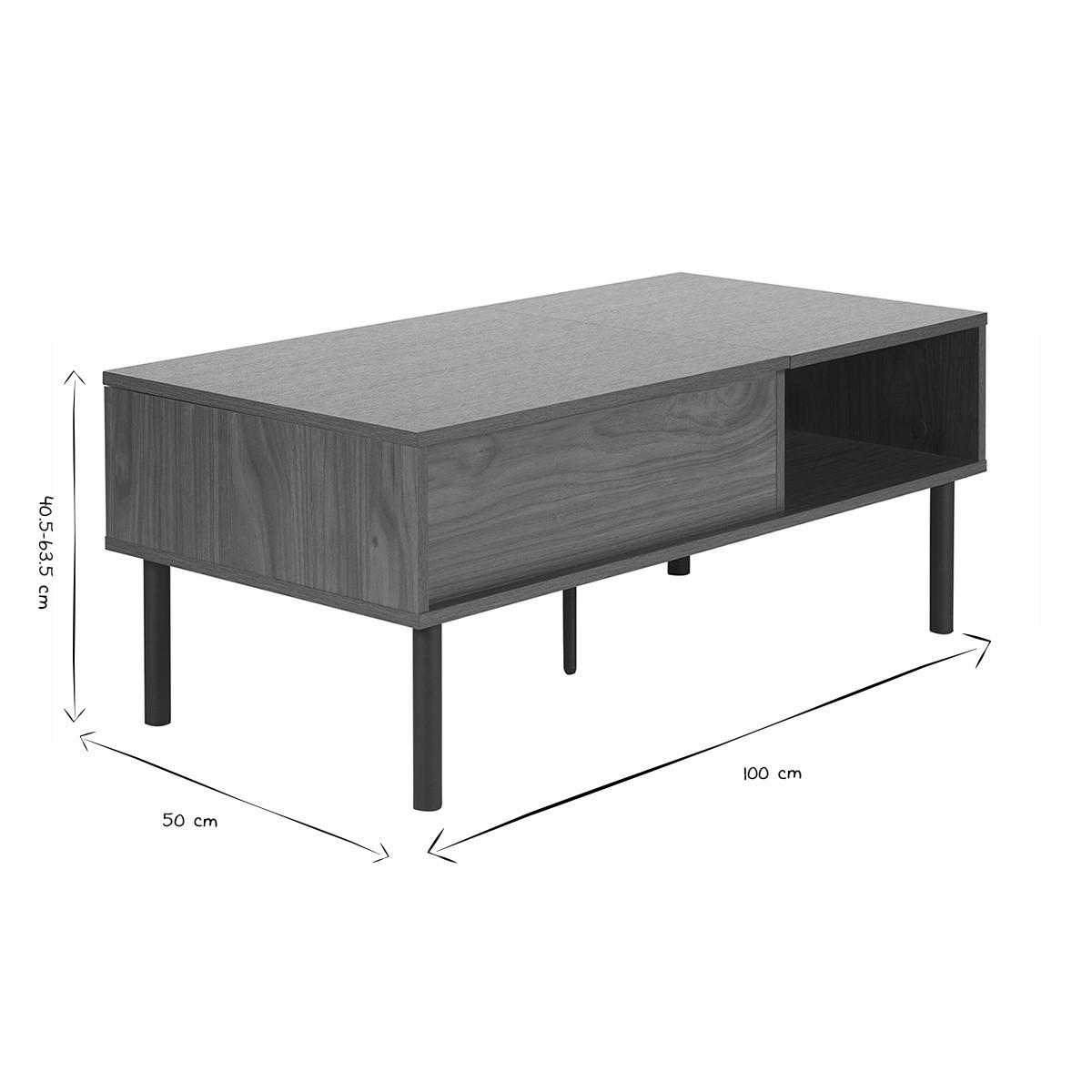 HOCHKLAPPBARER Couchtisch Dunkles Holz Metall B100 cm KANE - Walnussfarben, Holz (100/50/63.5cm) - Miliboo