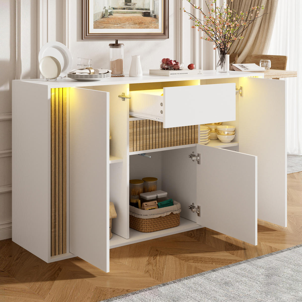 SIDEBOARD 140x40x82cm Weiß mit LED und 3 Türen - Weiß/Naturfarben, Holzwerkstoff (140/82/40cm) - FLIEKS