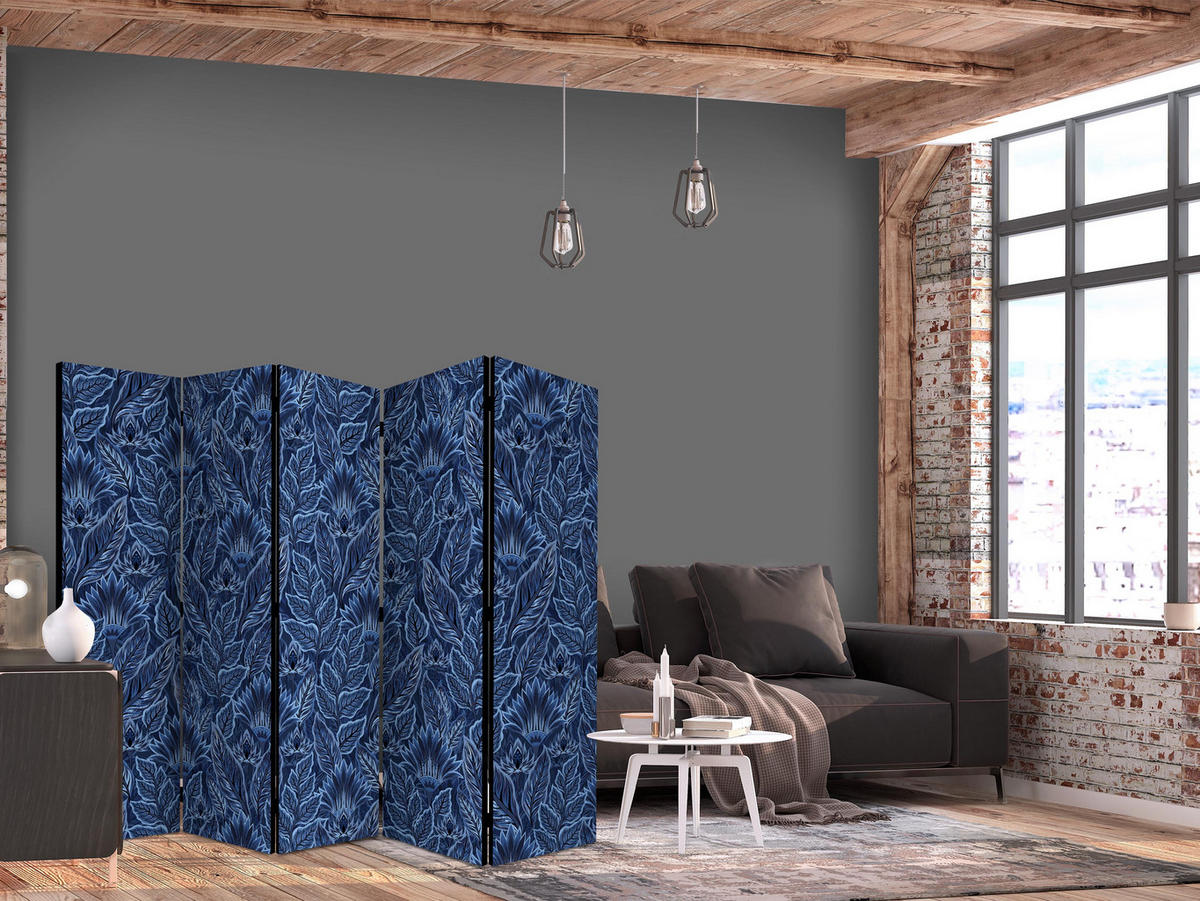 PARAVÁN Akustický 5-dielny 225x172 cm Modré Listy - modrá, drevo/textil (225/172/3cm) - Muralo