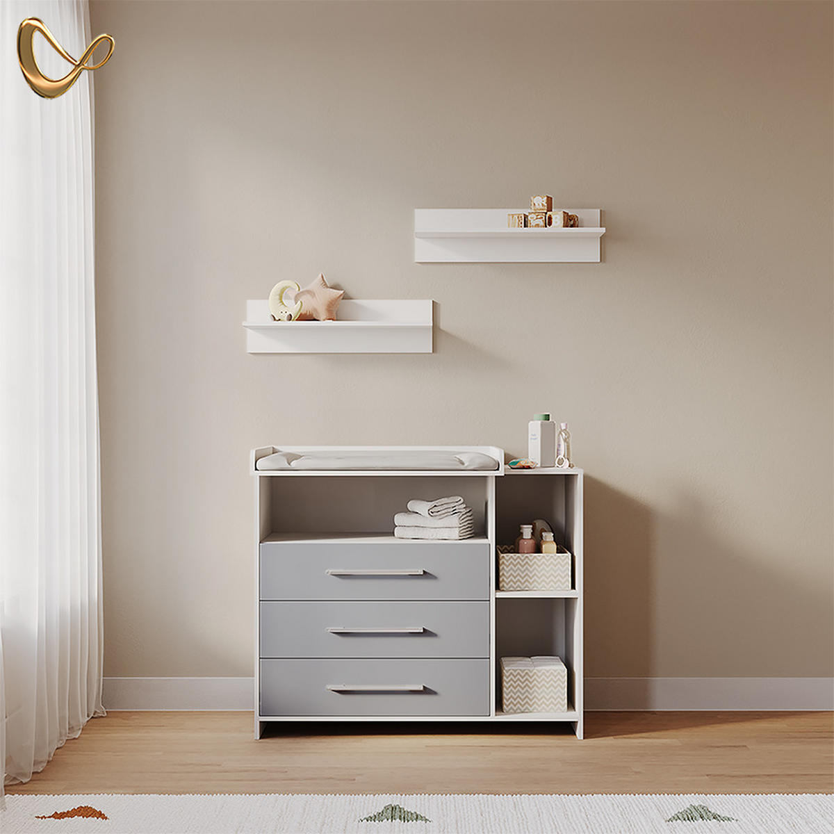 WICKELKOMMODE Torino Weiß/Grau mit Schubladen - Weiß/Grau, Holzwerkstoff (113/100/53cm) - Livinity®