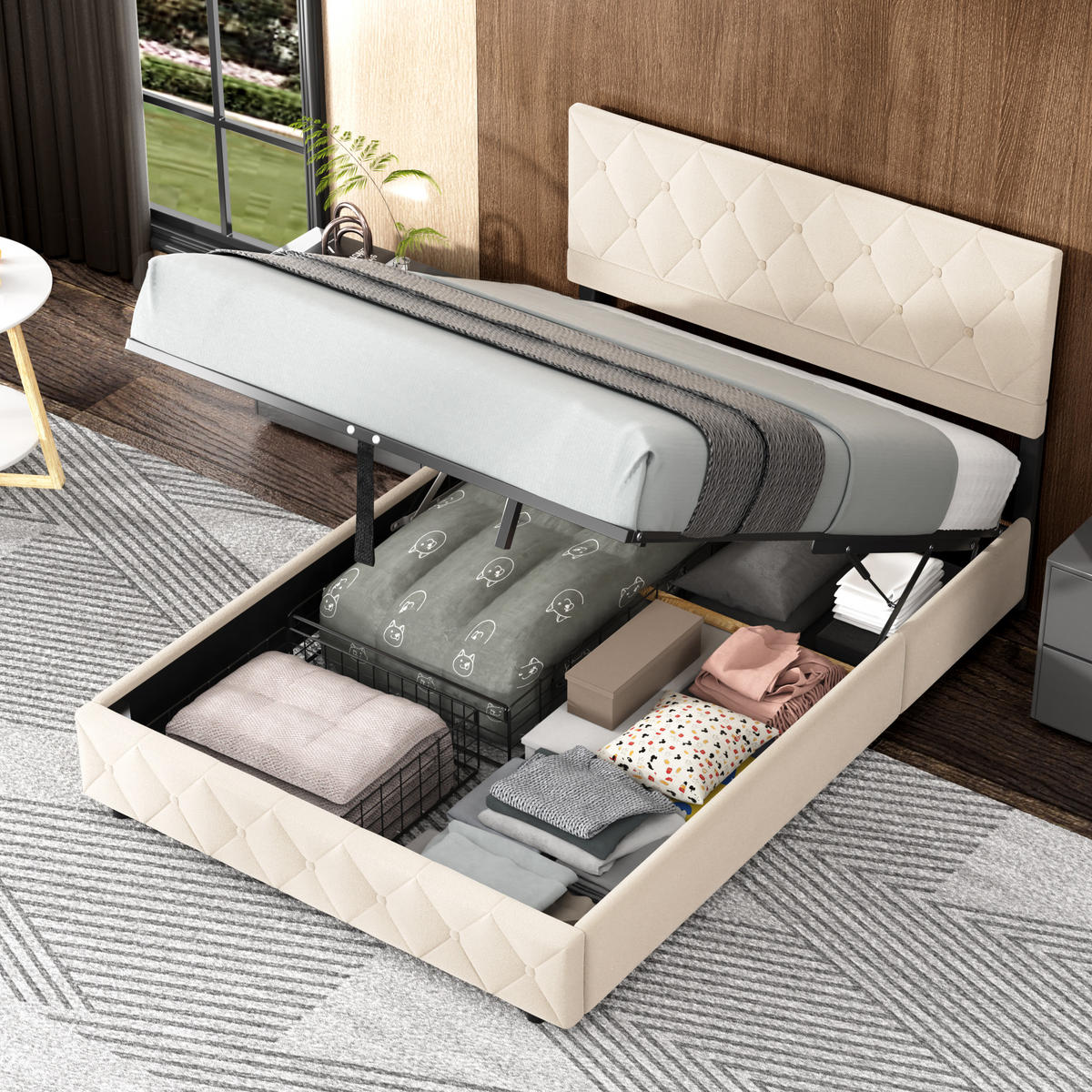 POLSTERBETT 140x200cm Beige mit Knopfnahtverzierung-Kopfteil, mit Bettkasten und Lattenrost - Beige, Holzwerkstoff/Textil (140/200cm) - EVRYAE