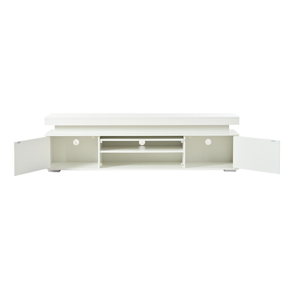 TV stolek 150/35/43 cm se 3 dvířky, 4 přihrádkami, LED osvětlením a vysokým leskem, bílá dřevotříska - bílá, kompozitní dřevo (150/43/35cm) - Redom