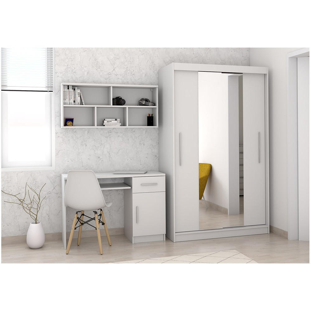 JUGENDZIMMER-SET TOBBY 01 3-teilig weiß/weiß Kleiderschrank, Schreibtisch, Wandregal - Alufarben/Weiß, Glas/Holzwerkstoff (120/200/61cm) - imoebel24