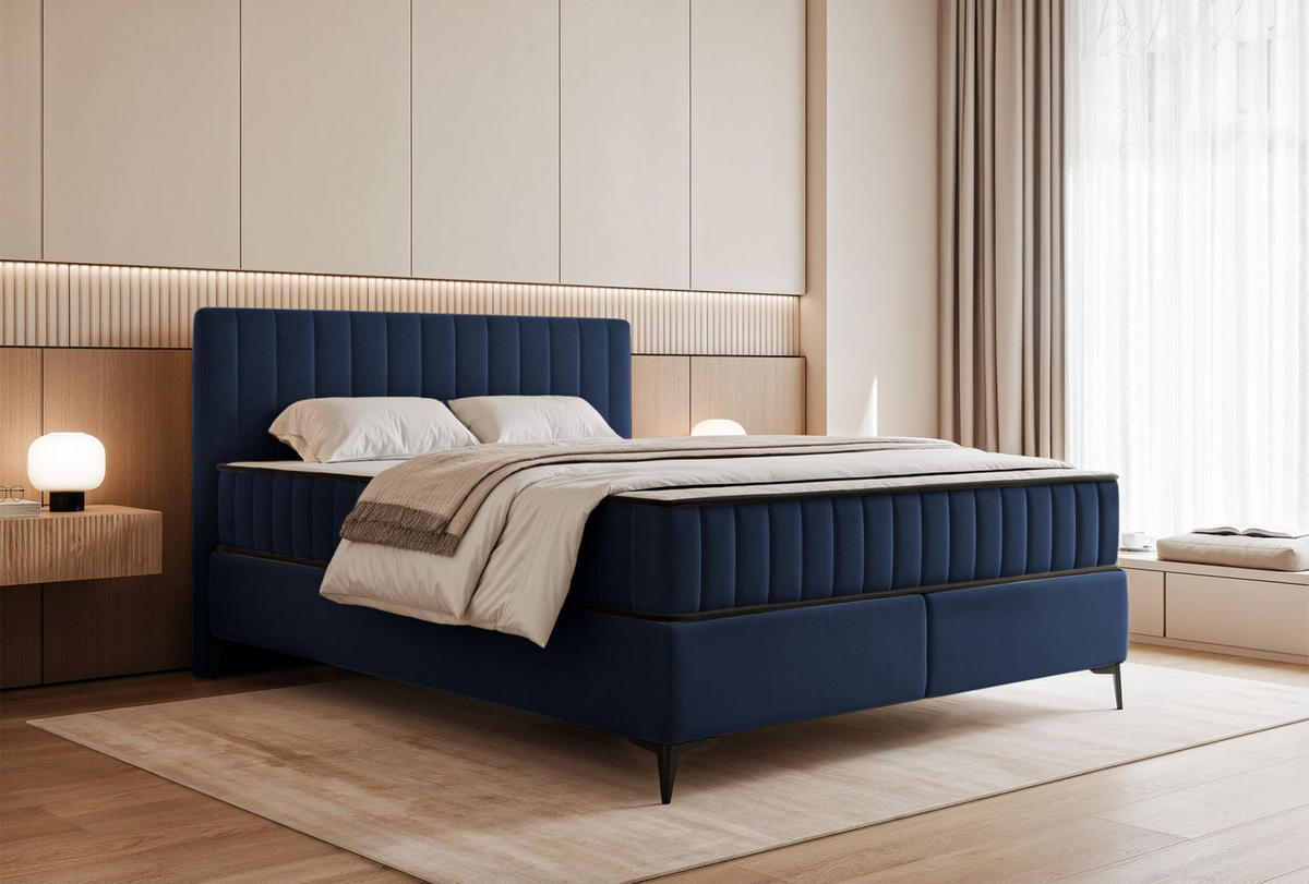 BOXBETT Mufasso Dunkelblau Samtbezug 180x200 cm - Schwarz/Dunkelblau, Textil/Metall (180/200cm) - Selsey