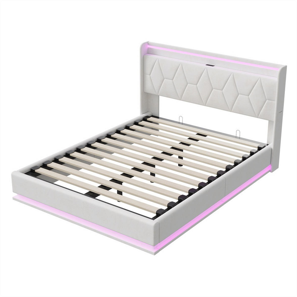 POLSTERBETT 160x200 cm - Hydraulisches Stauraumbett mit LED-Beleuchtung und USB-Ladeanschluss - ohne Matratze - Weiß - Weiß, Textil (160/200cm) - DELFA