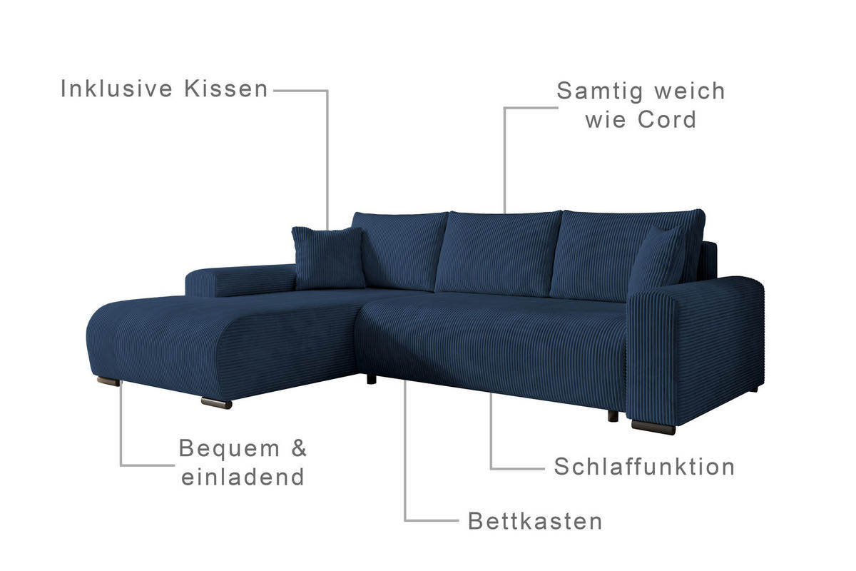 ECKSOFA Nelly mit Bettkasten und Schlaffunktion, Cordstoff in L-Form - Blau, Textil (270/185cm)