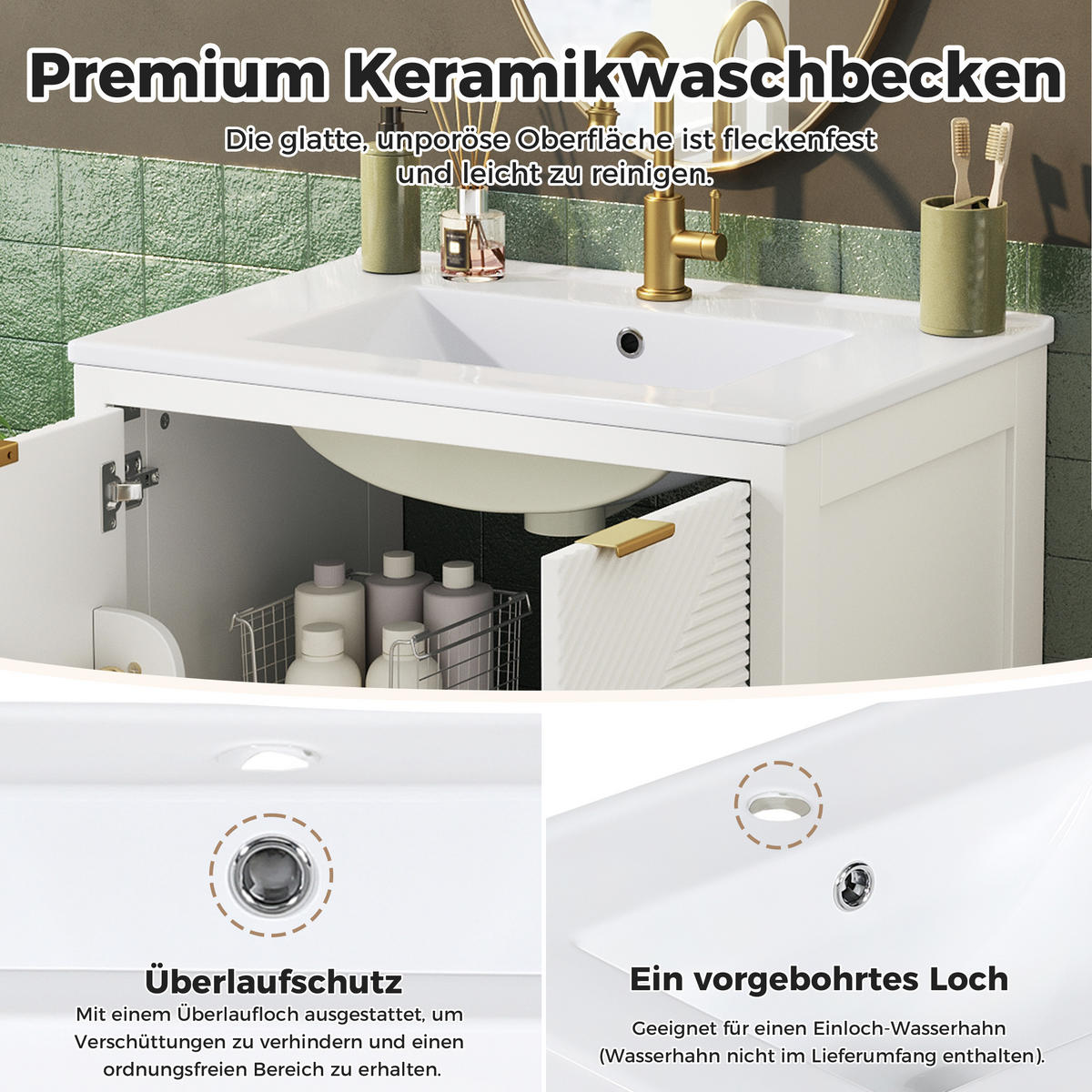 BAD-WASCHTISCHUNTERSCHRANK Weiß mit Keramikbecken - Weiß, Holzwerkstoff (61/87/47cm) - Urban Meuble
